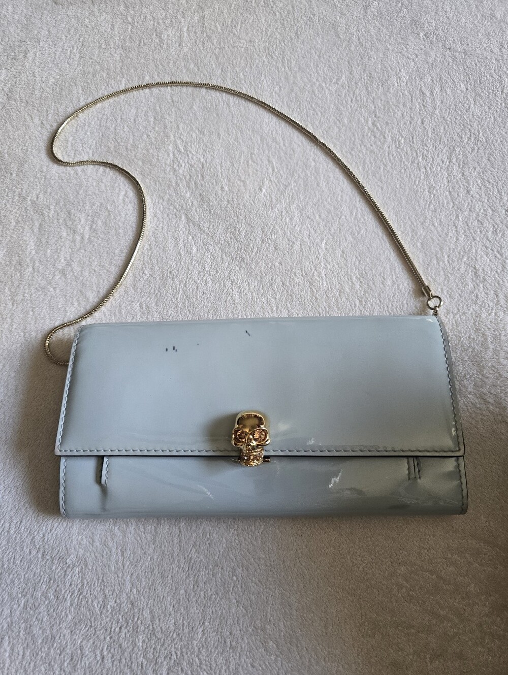Alexander Mcqueen Patent Leather Chain Clutch Pale Blue with Gold Skull Accent